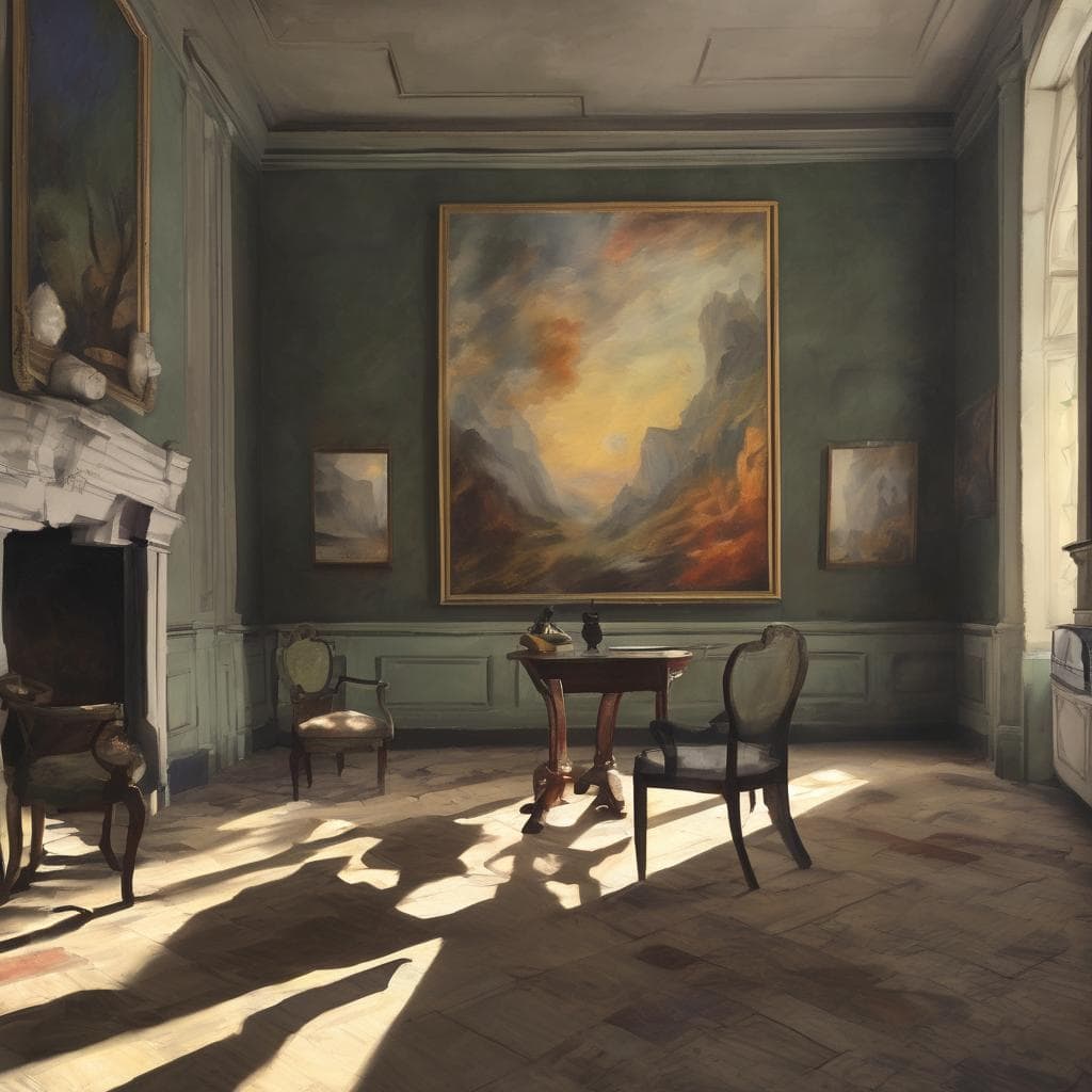 Πλαισιωμένη εσωτερική αίθουσα με πίνακες ζωγραφικής και ξύλινα έπιπλα, εντυπωσιακή φωτιστική ατμόσφαιρα και καλλιτεχνική ατμόσφαιρα.