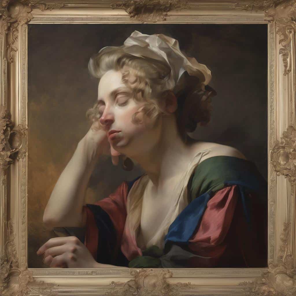 Αλτ κειμενο: Εικόνα σε στυλ κλασικής εικονογράφησης, γυναίκα με γούνα και πολύχρωμο ρούχο, σε καμβά με πλαίσιο.