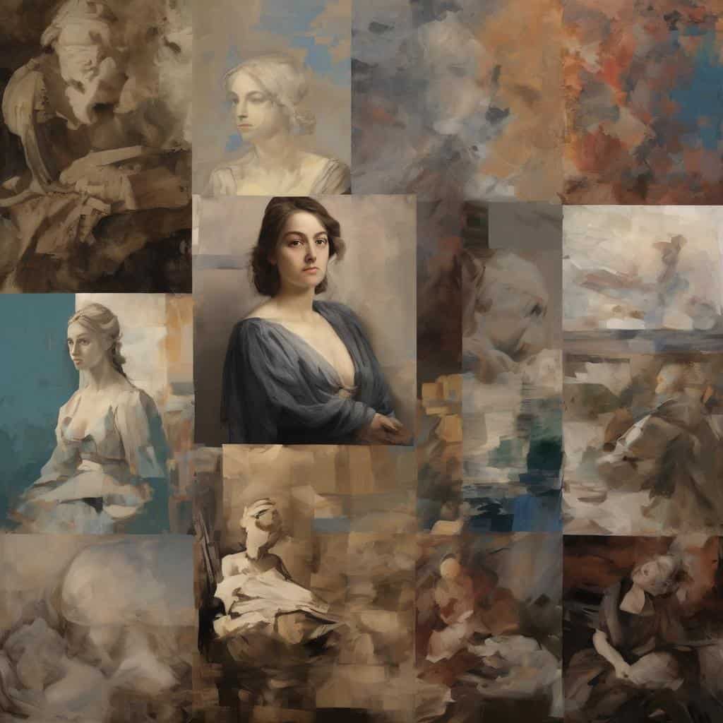 Θέμα της εικονογράφησης τέχνης και ιστορίες με εικόνες, αποτυπωμένες με ποικίλα στυλ ζωγραφικής και πορτρέτα γυναικών.