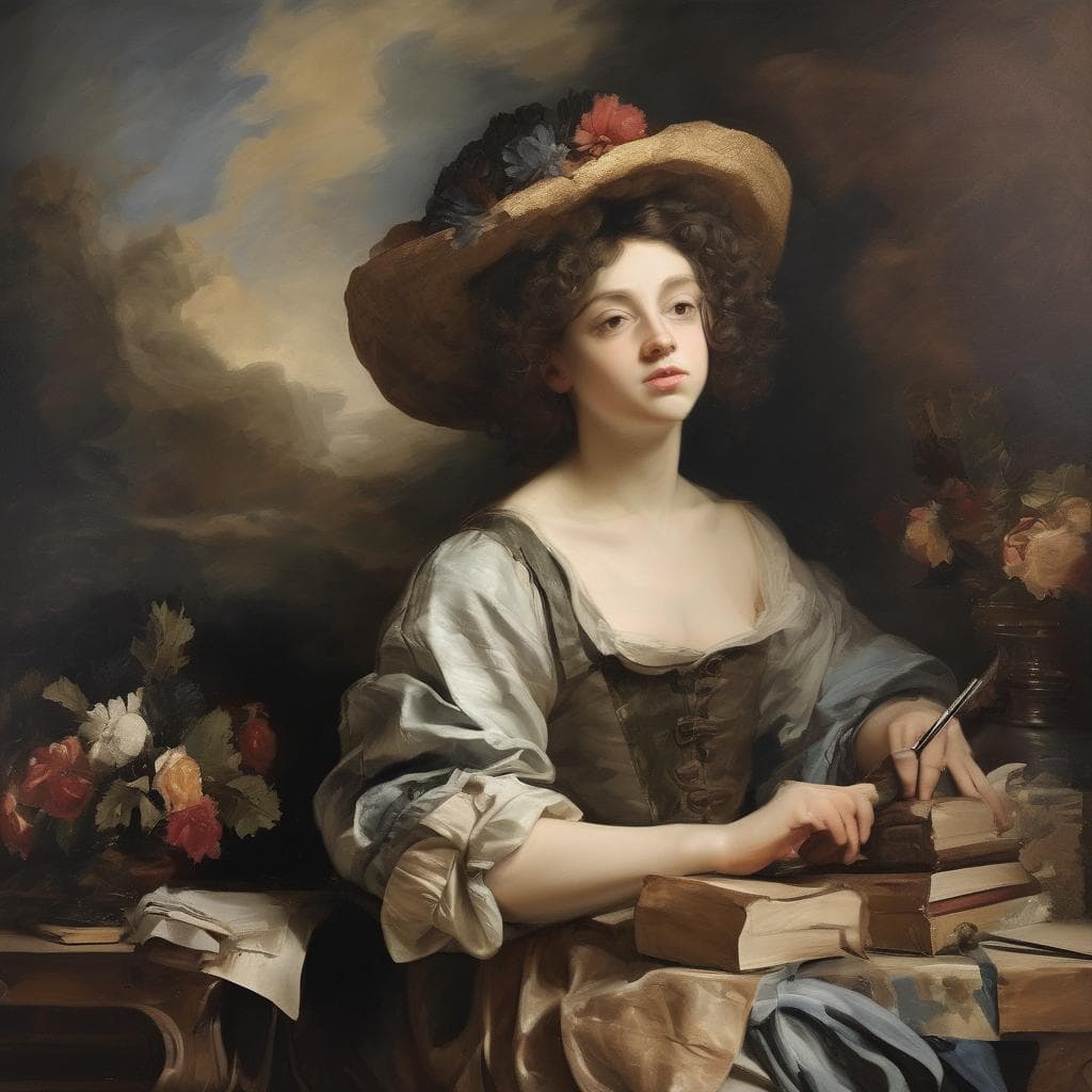 Παριστάνει νεαρή γυναίκα με καπέλο και βιβλία σε σκηνή εικονογράφησης τέχνης.