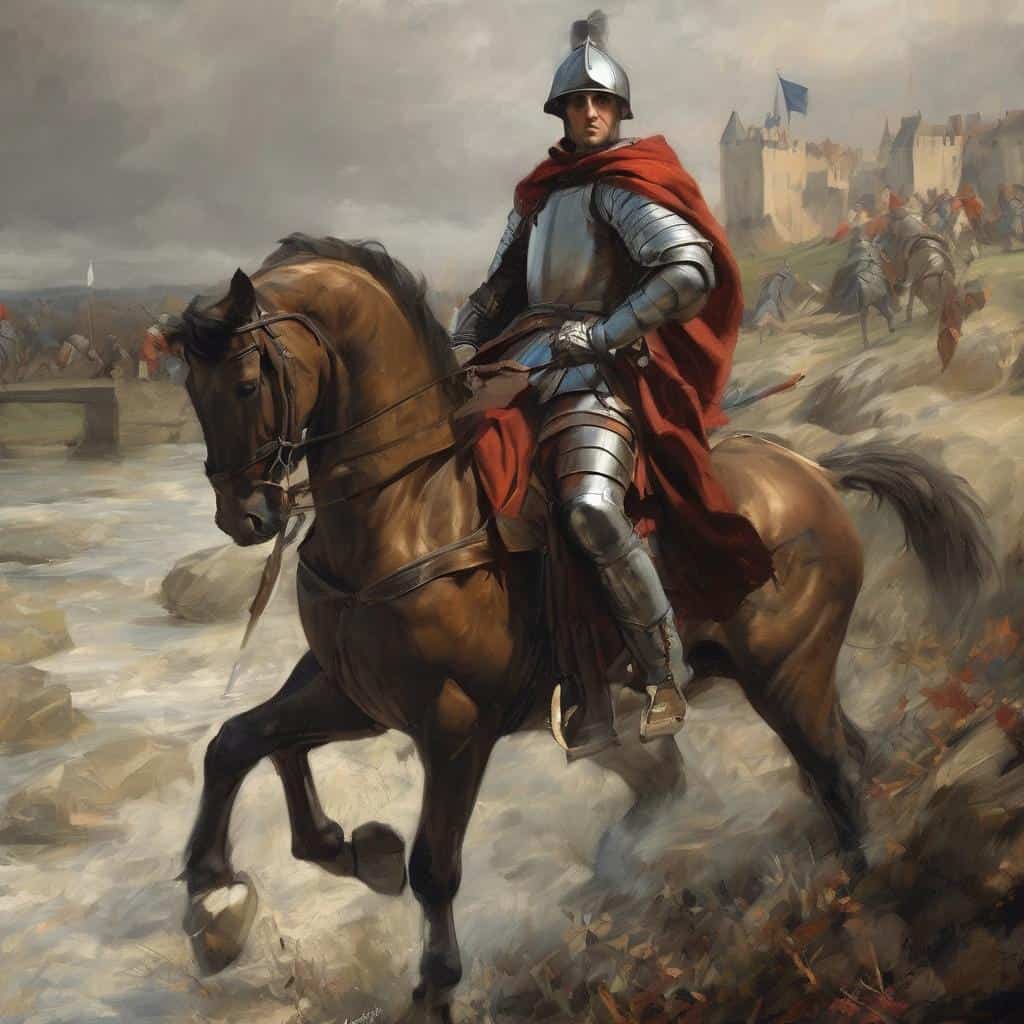 Ιστορίες με εικόνες από την τέχνη της εικονογράφησης, πορτραίτο ιππέα σε μάχη με σκηνικό μεσαιωνικής εποχής, λεπτομερής ζωγραφική.